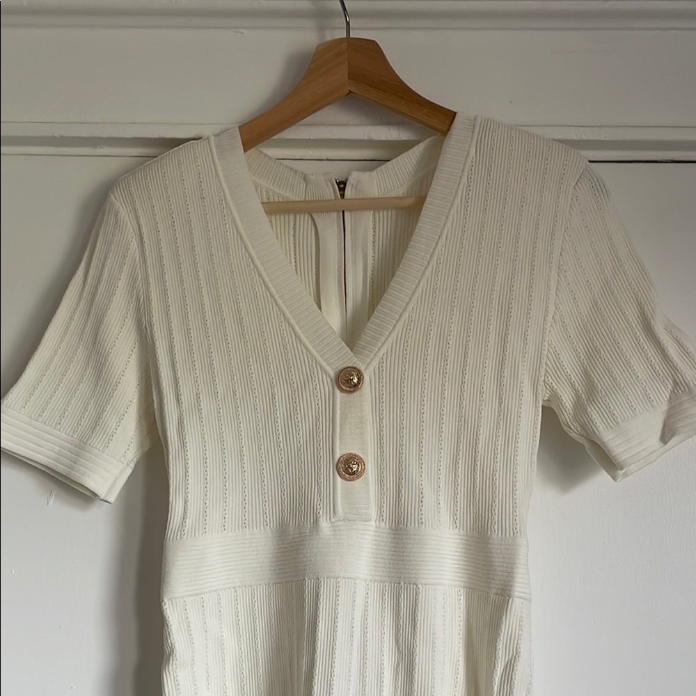 Cream Ribbed Buttoned Sheath Mini Dress - Picture 2 of 9